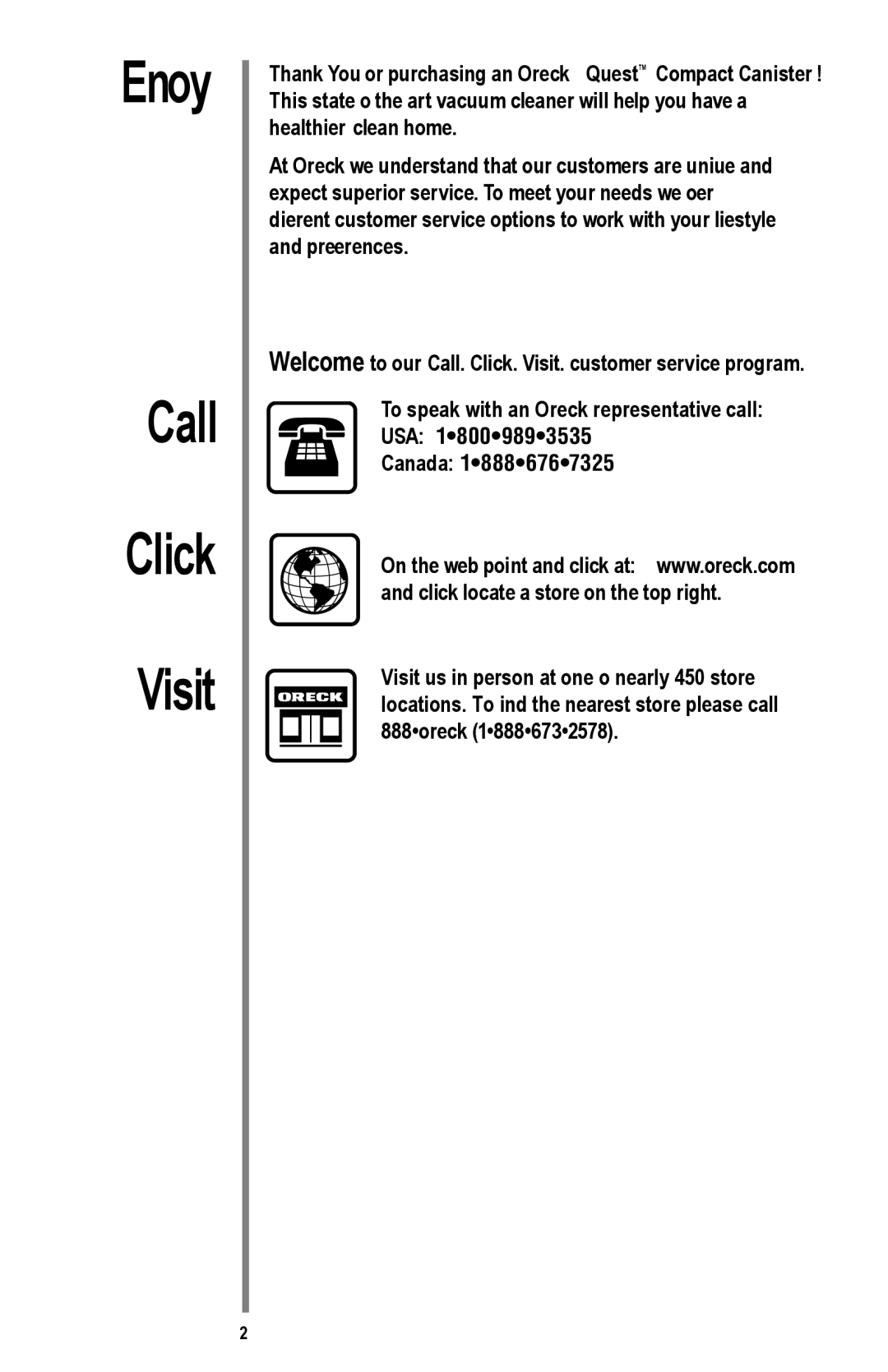 Oreck MC1000 manual Enjoy Call Click Visit, USA Canada 