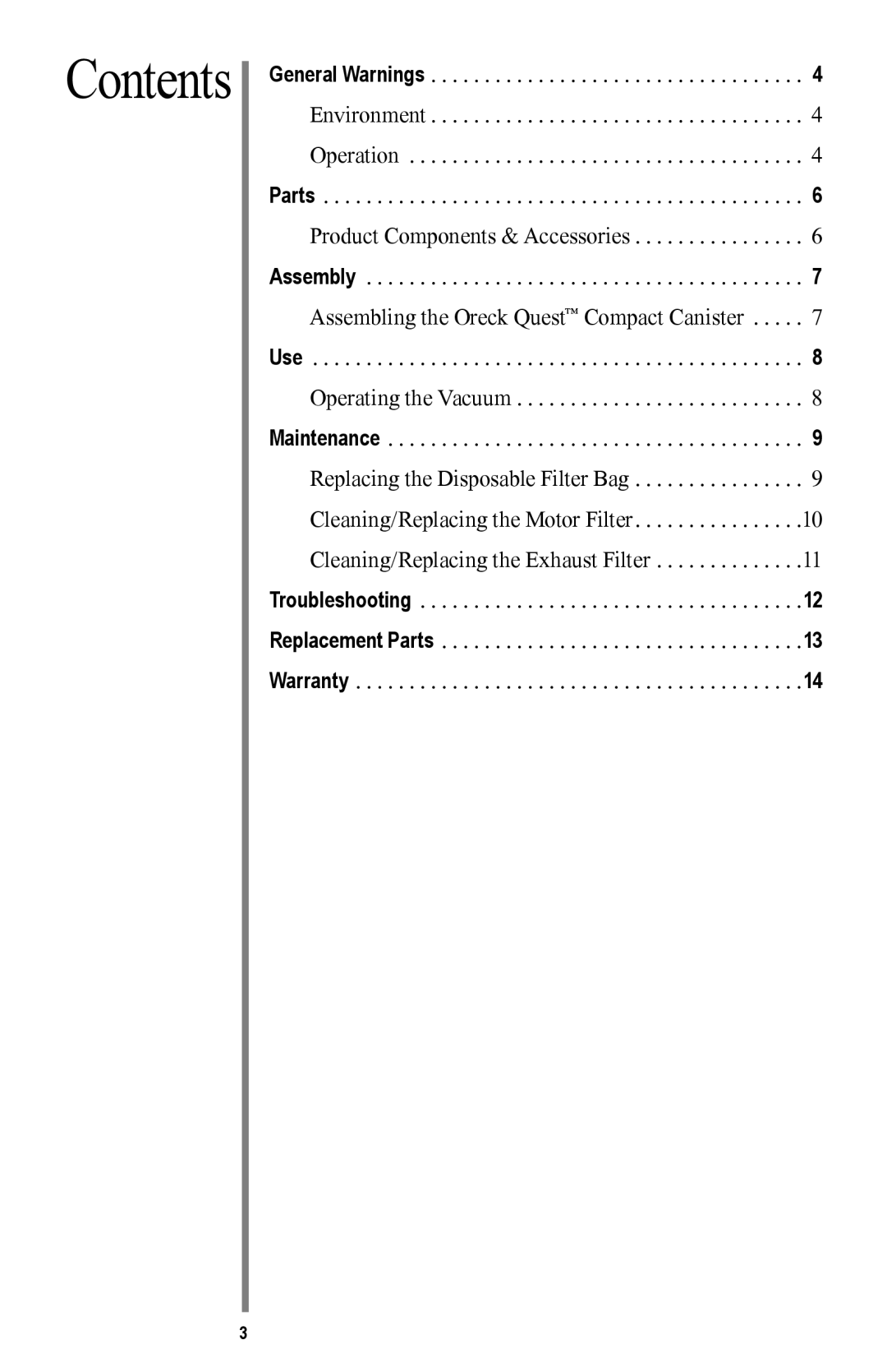 Oreck MC1000 manual Contents 