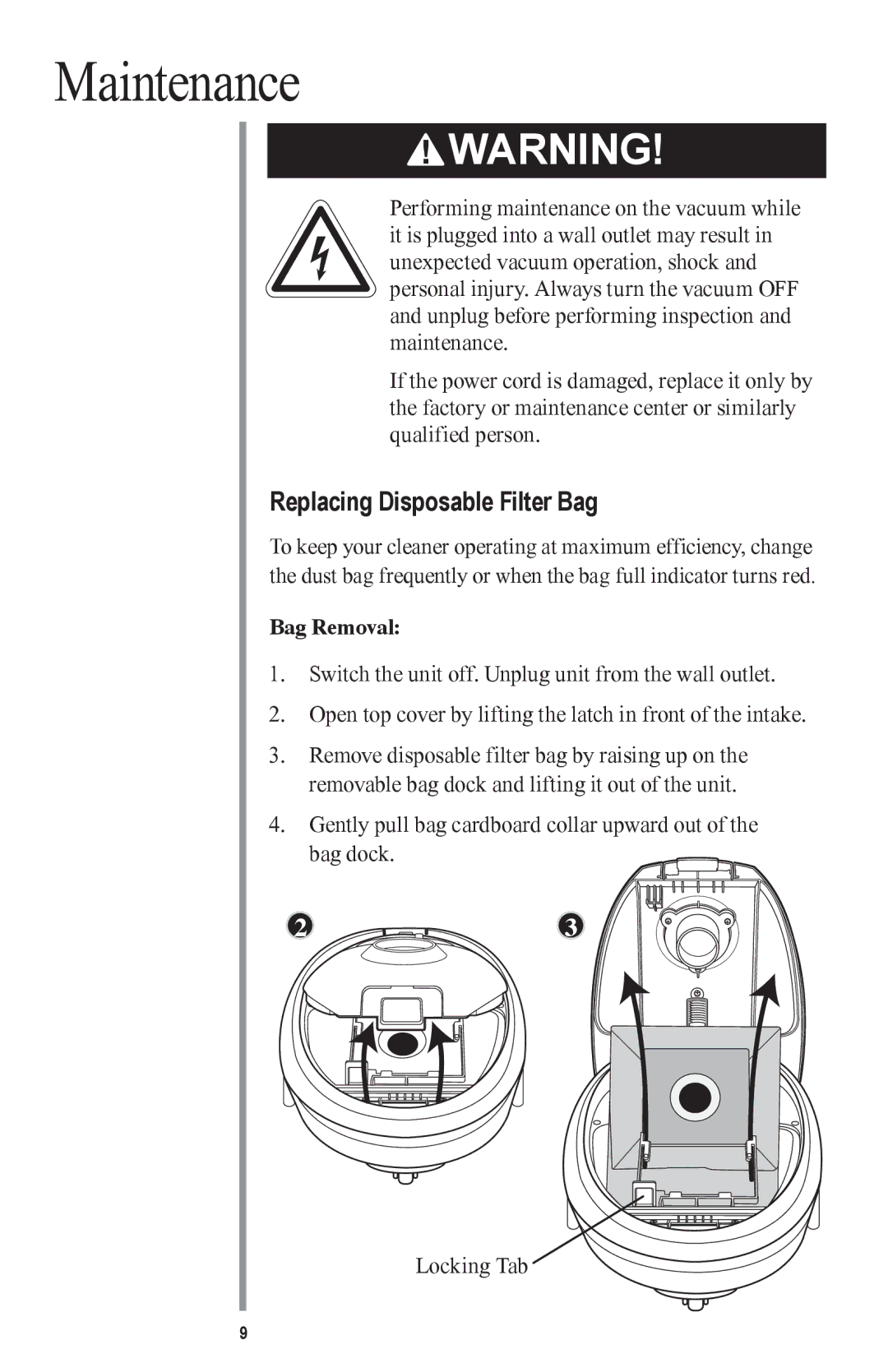 Oreck MC1000 manual Maintenance, Replacing Disposable Filter Bag, Bag Removal 