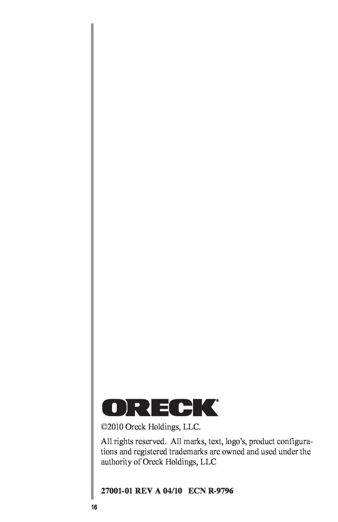 Oreck MC1000 manual 27001-01REV A 04/10 ECN R-9796, Oreck Holdings, LLC 