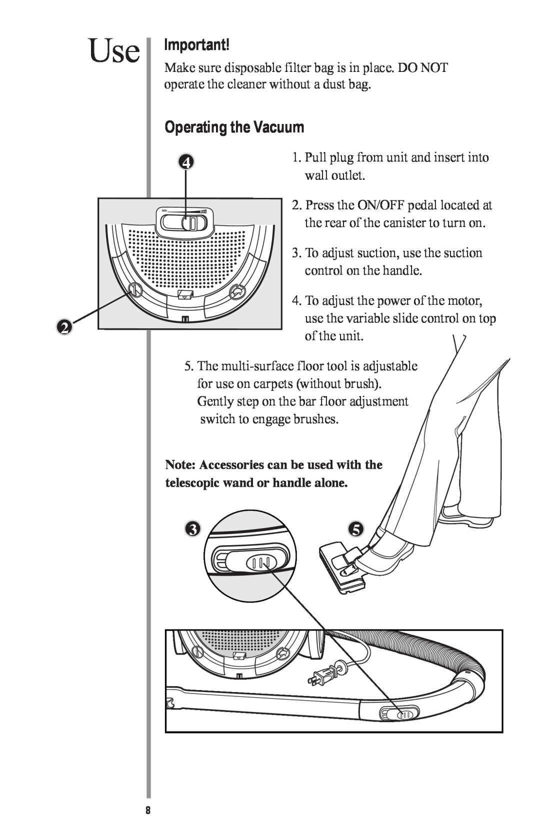 Oreck MC1000 manual Operating the Vacuum 
