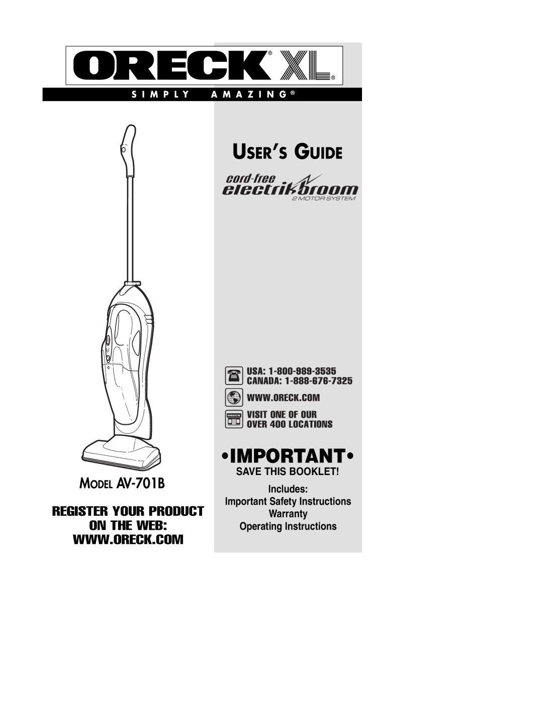 Oreck MODEL AV-701B important safety instructions USER’S Guide 