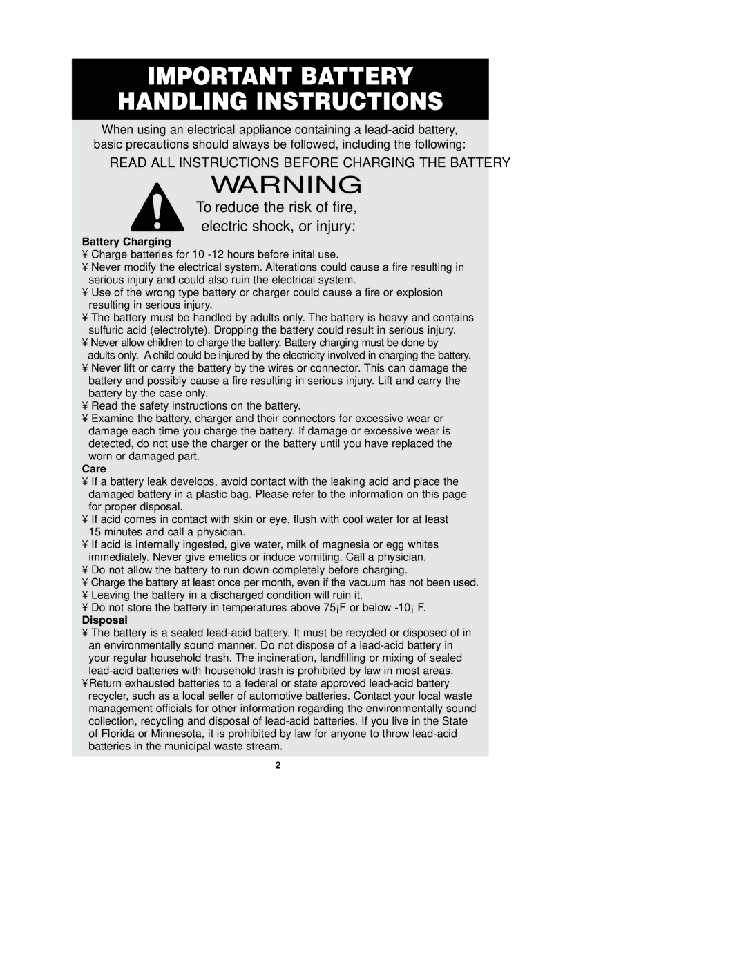 Oreck MODEL AV-701B important safety instructions Important Battery Handling Instructions 