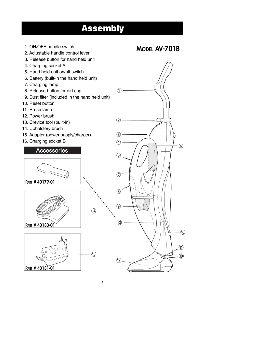 Oreck MODEL AV-701B important safety instructions Assembly 