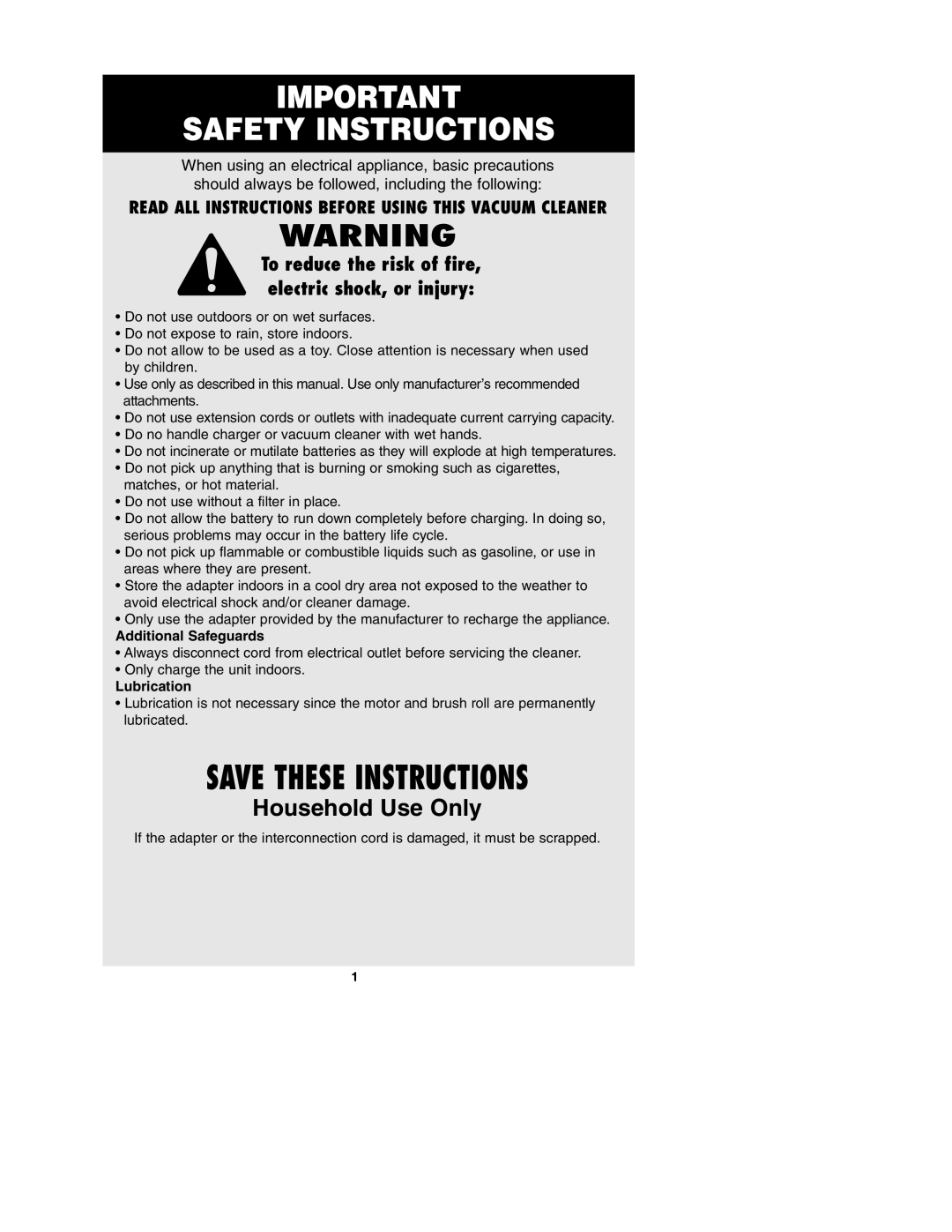 Oreck MODEL AV-701B Safety Instructions, Save These Instructions, Household Use Only, Additional Safeguards, Lubrication 