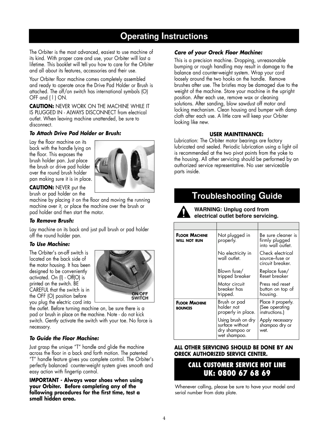 Oreck ORB480 warranty Operating Instructions, Troubleshooting Guide 