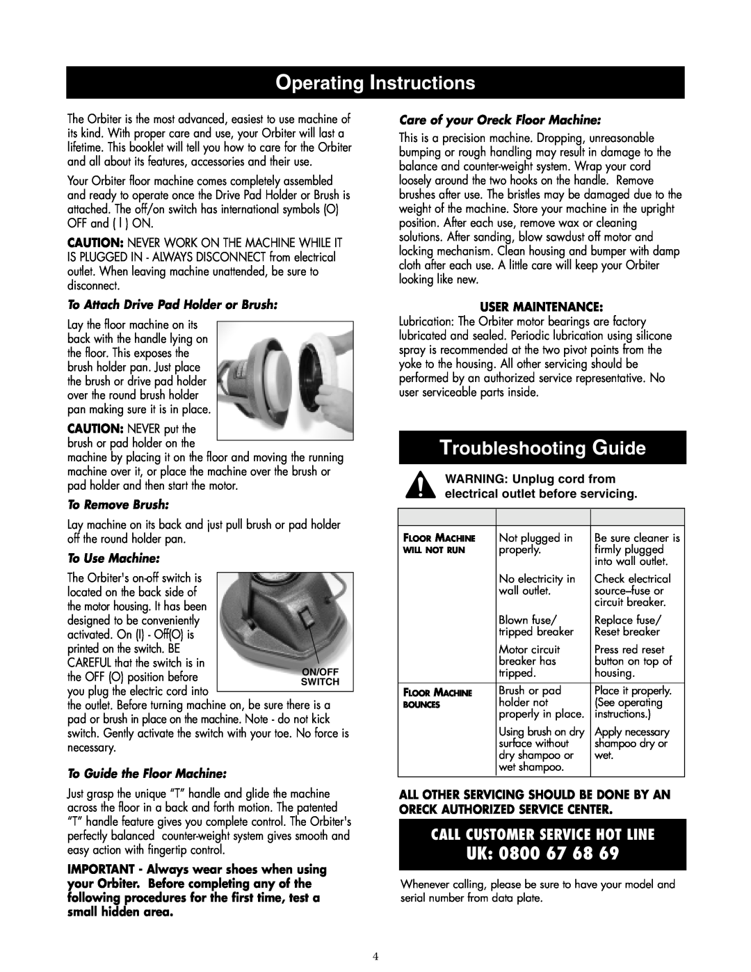 Oreck ORB480 Operating Instructions, Troubleshooting Guide, Uk, To Attach Drive Pad Holder or Brush, To Remove Brush 