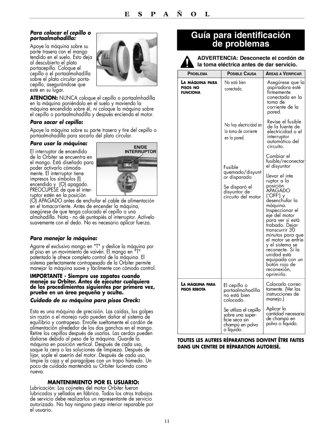 Oreck ORB557MC Series, ORB555MC Series warranty Guía para identificación De problemas 