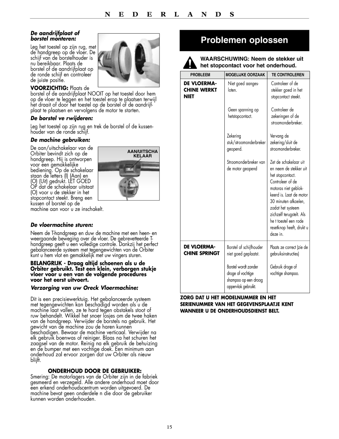 Oreck ORB557MC Series, ORB555MC Series warranty Problemen oplossen 