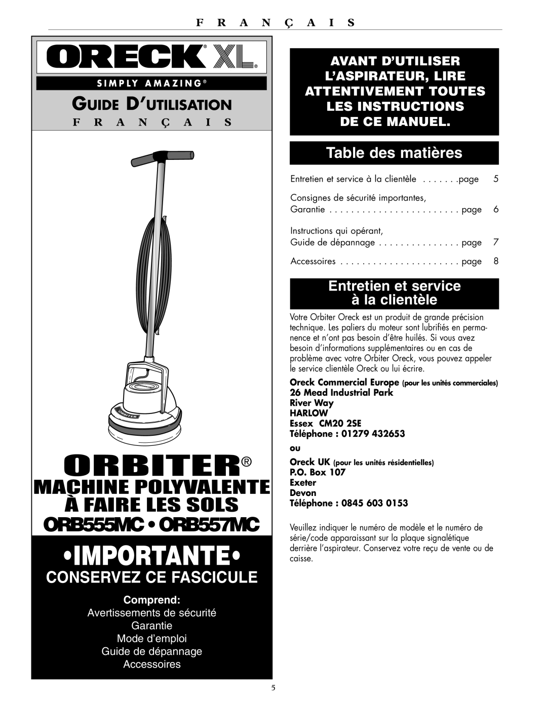 Oreck ORB557MC Series, ORB555MC Series warranty Entretien et service La clientèle, Harlow 