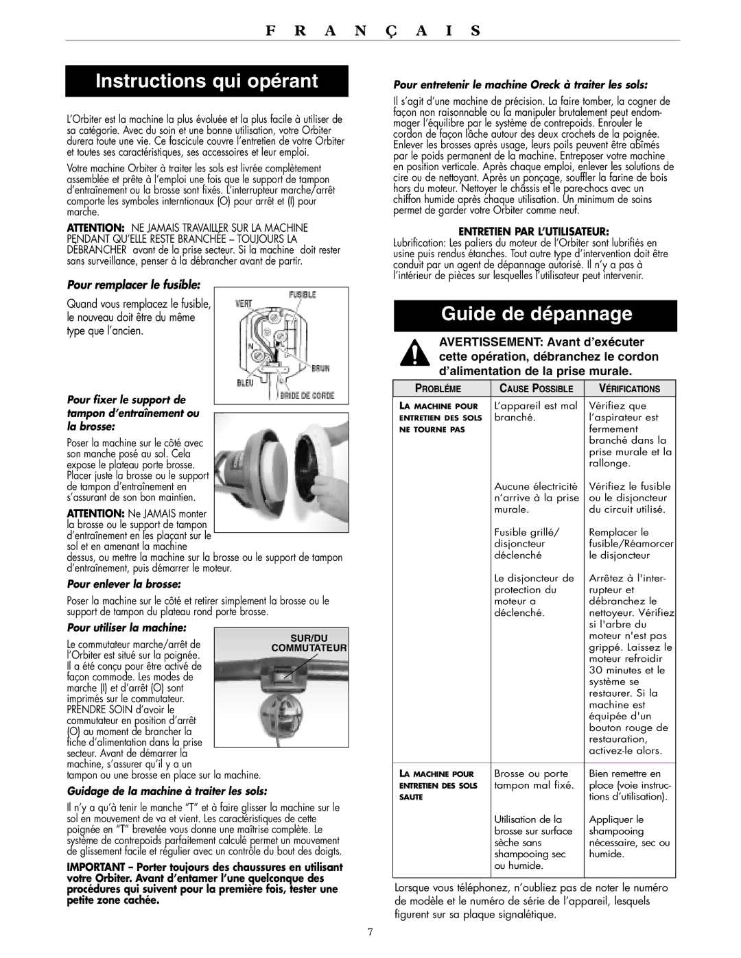 Oreck ORB557MC Series, ORB555MC Series warranty Instructions qui opérant, Guide de dépannage, Pour remplacer le fusible 