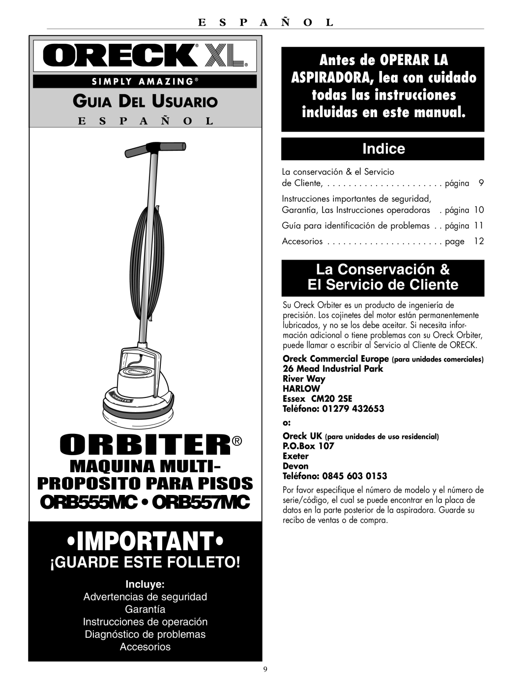 Oreck ORB557MC Series, ORB555MC Series warranty Maquina Multi 