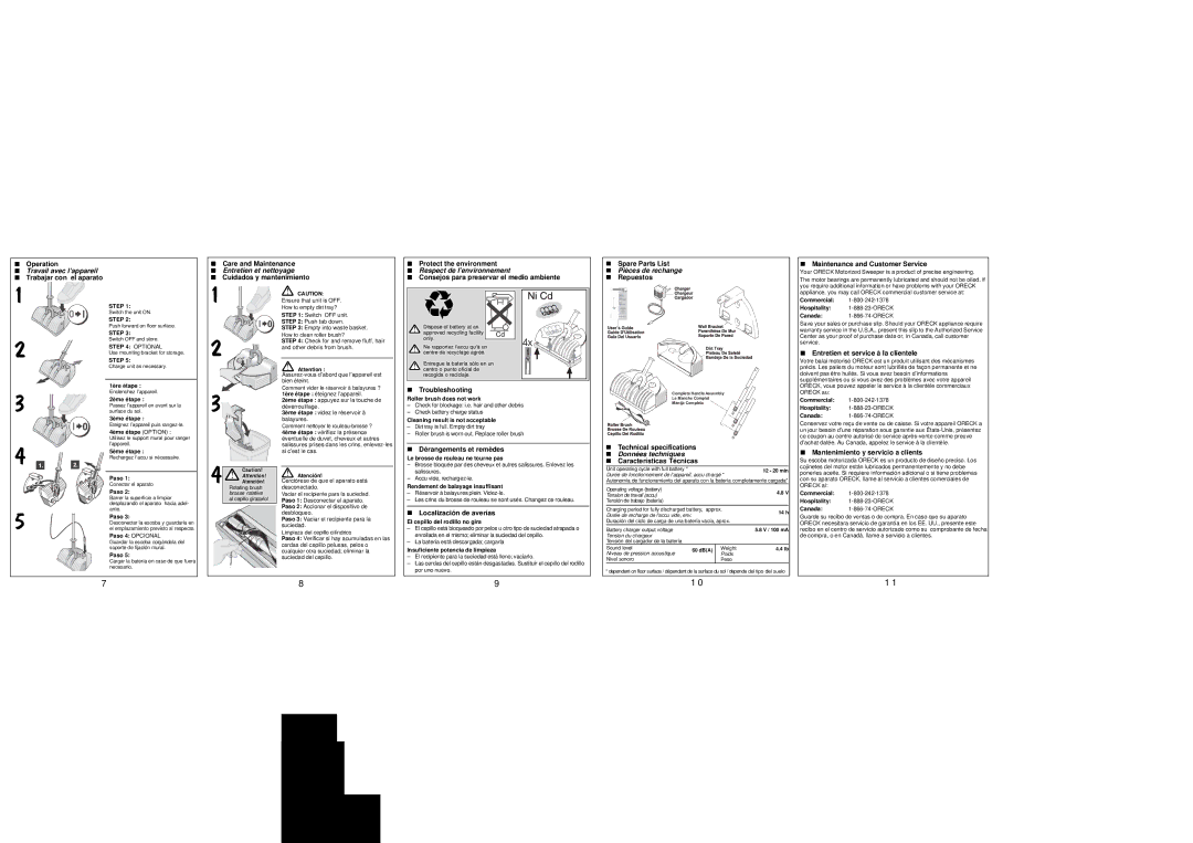 Oreck PA-0513-DU Travail avec l’appareil, Entretien et nettoyage, Respect de l’environnement, Pièces de rechange 