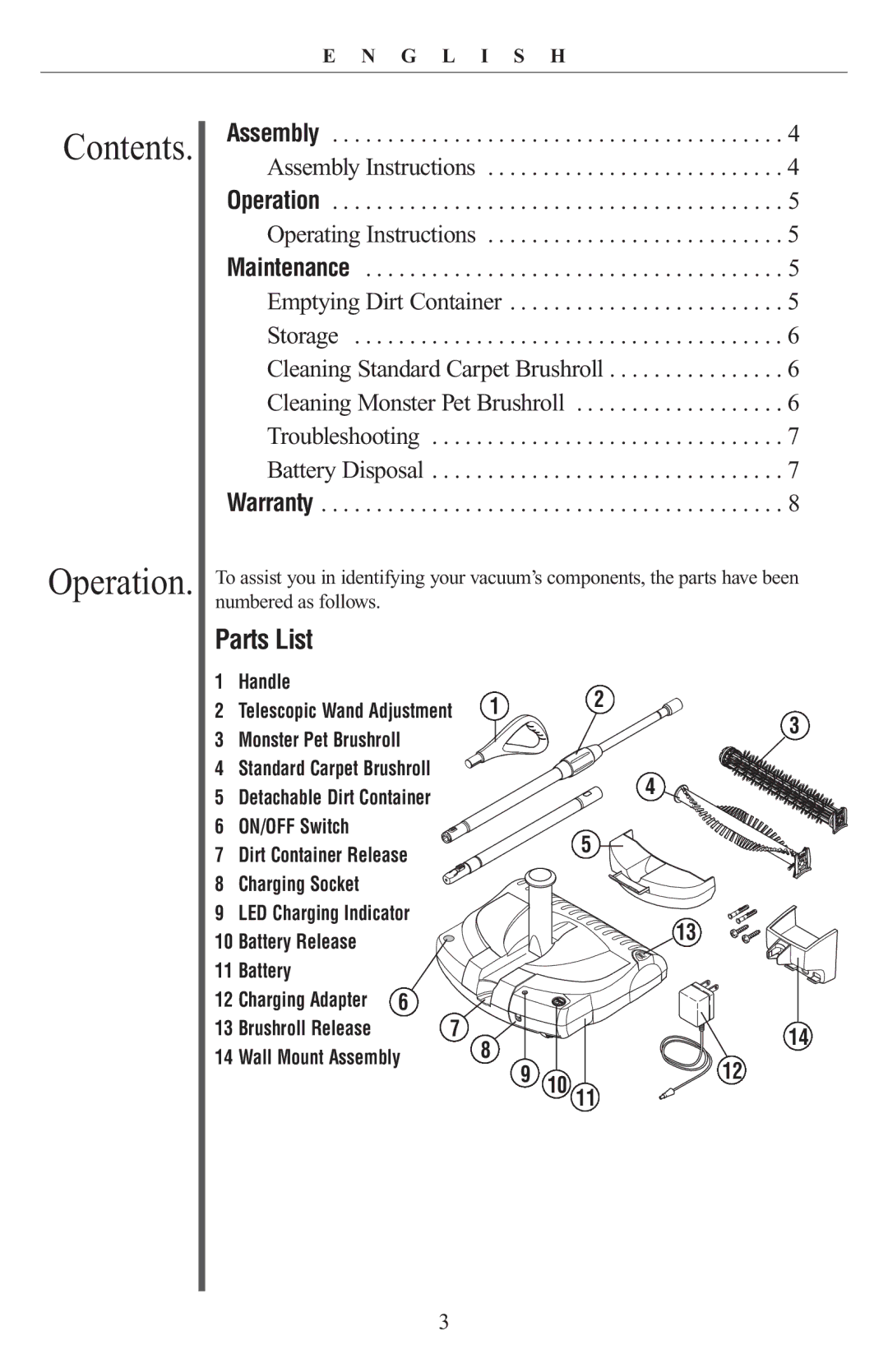 Oreck PR8000 manual Contents Operation 