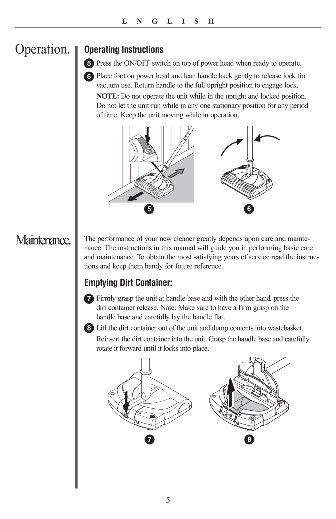 Oreck PR8000 manual Operating Instructions, Emptying Dirt Container 