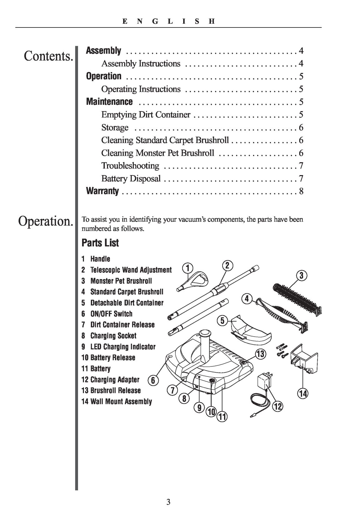 Oreck PR8000 manual Contents Operation, Parts List 
