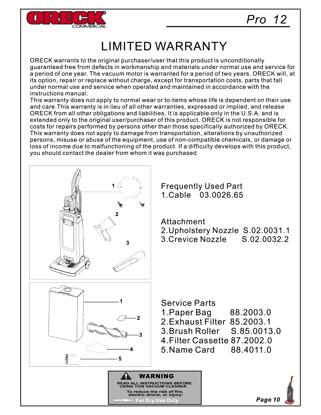 Oreck Pro 12 manual 