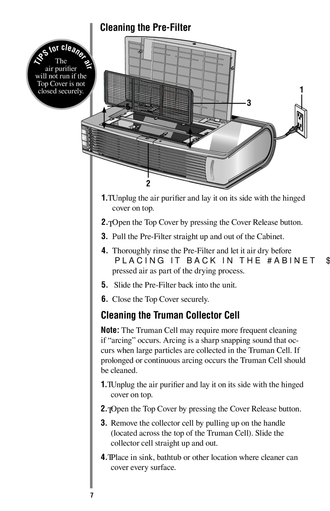 Oreck ProShield Air Purifier manual Cleaning the Truman Collector Cell, Cleaning the Pre-Filter 