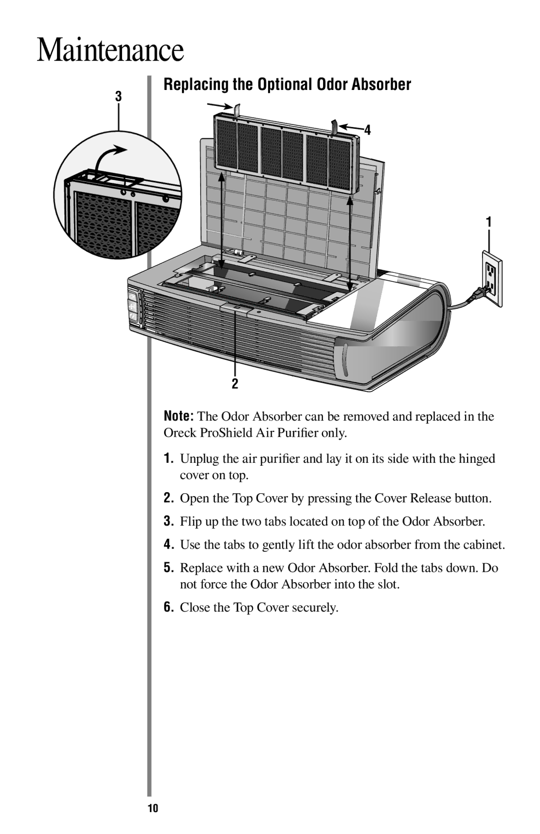 Oreck ProShield Air Purifier manual Maintenance, Replacing the Optional Odor Absorber 