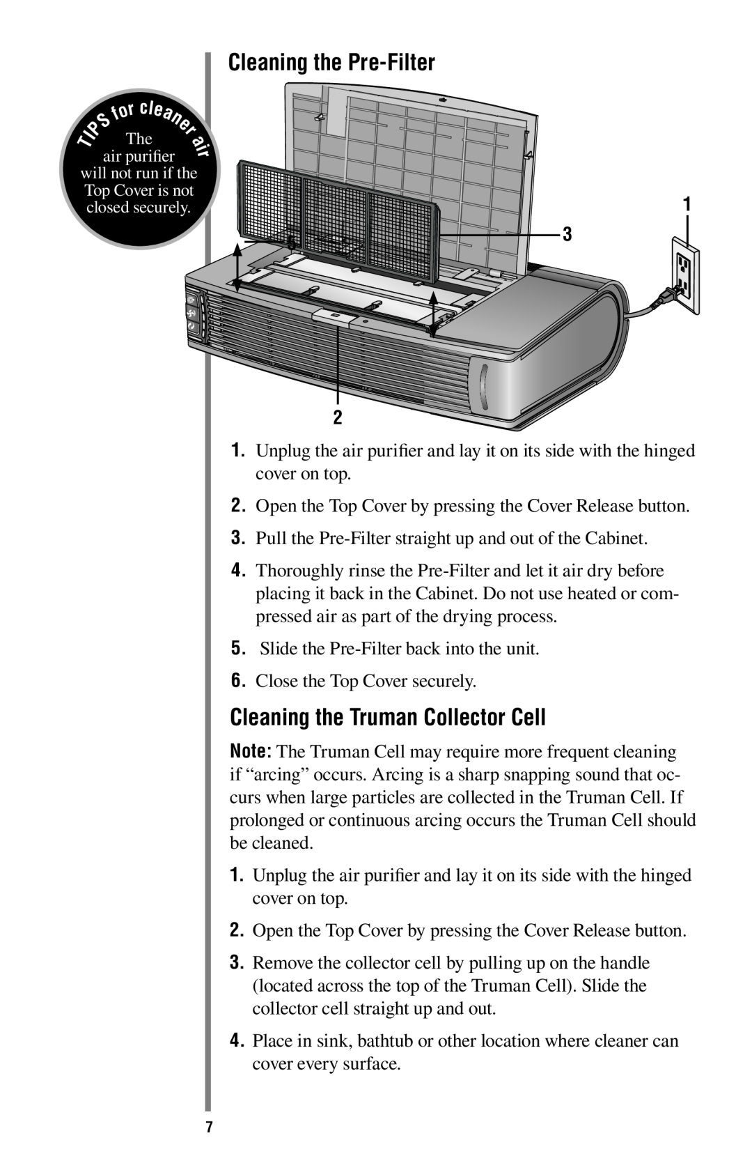 Oreck ProShield Air Purifier manual Cleaning the Truman Collector Cell, Cleaning the Pre-Filter 