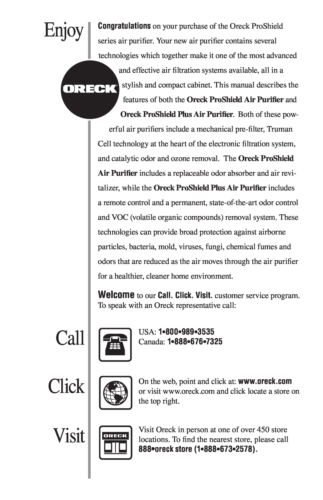 Oreck ProShield Air Purifier manual Call, Enjoy, Click Visit, USA 18009893535 Canada, oreck store 
