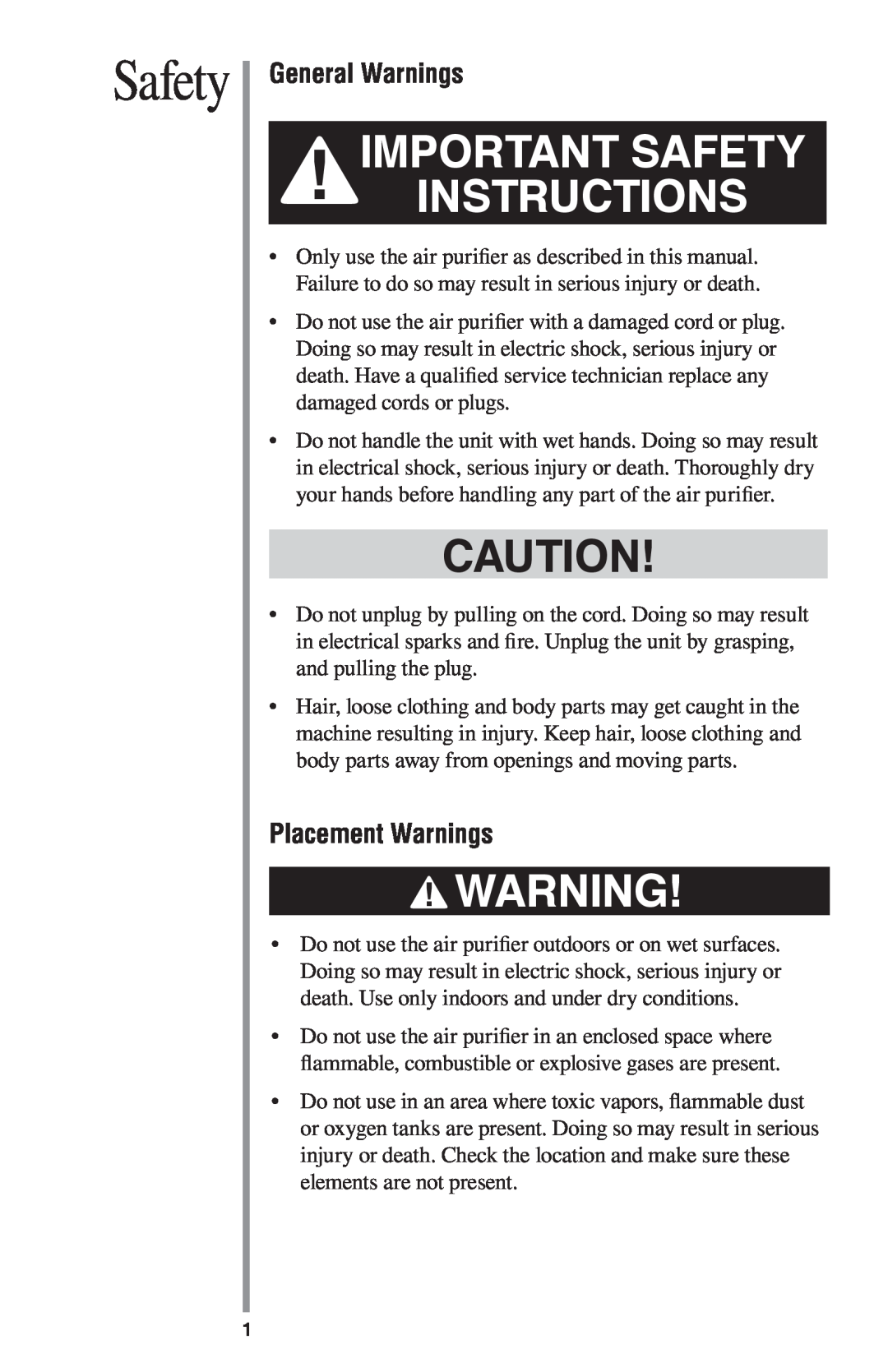Oreck ProShield Air Purifier manual General Warnings, Placement Warnings, Important Safety Instructions 