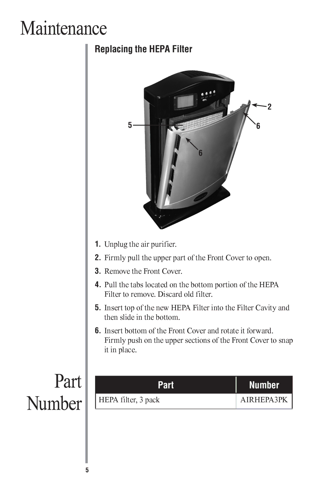 Oreck ProShield Plus Ai manual Maintenance, Part Number 