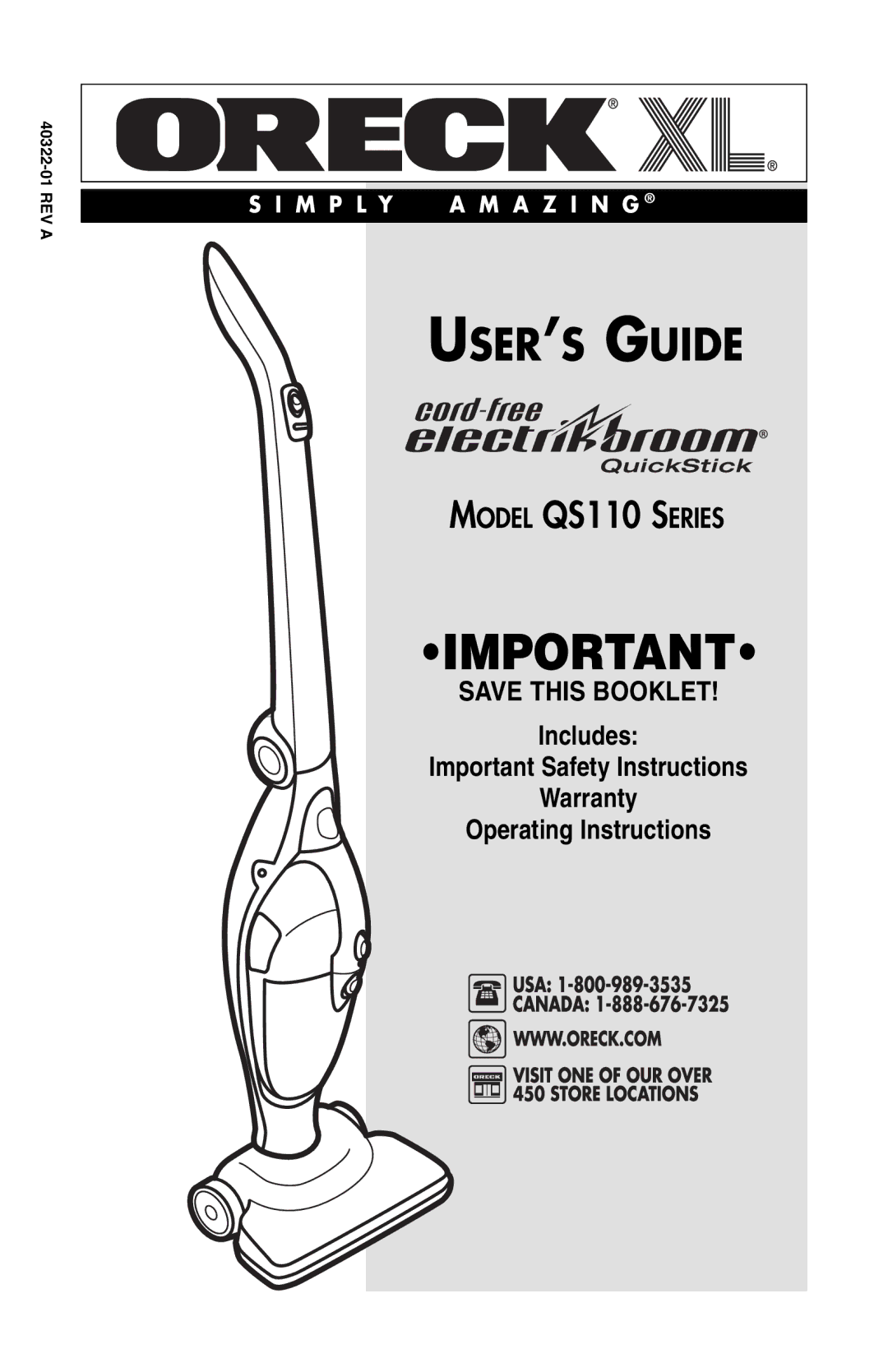 Oreck QS110 important safety instructions USER’S Guide 