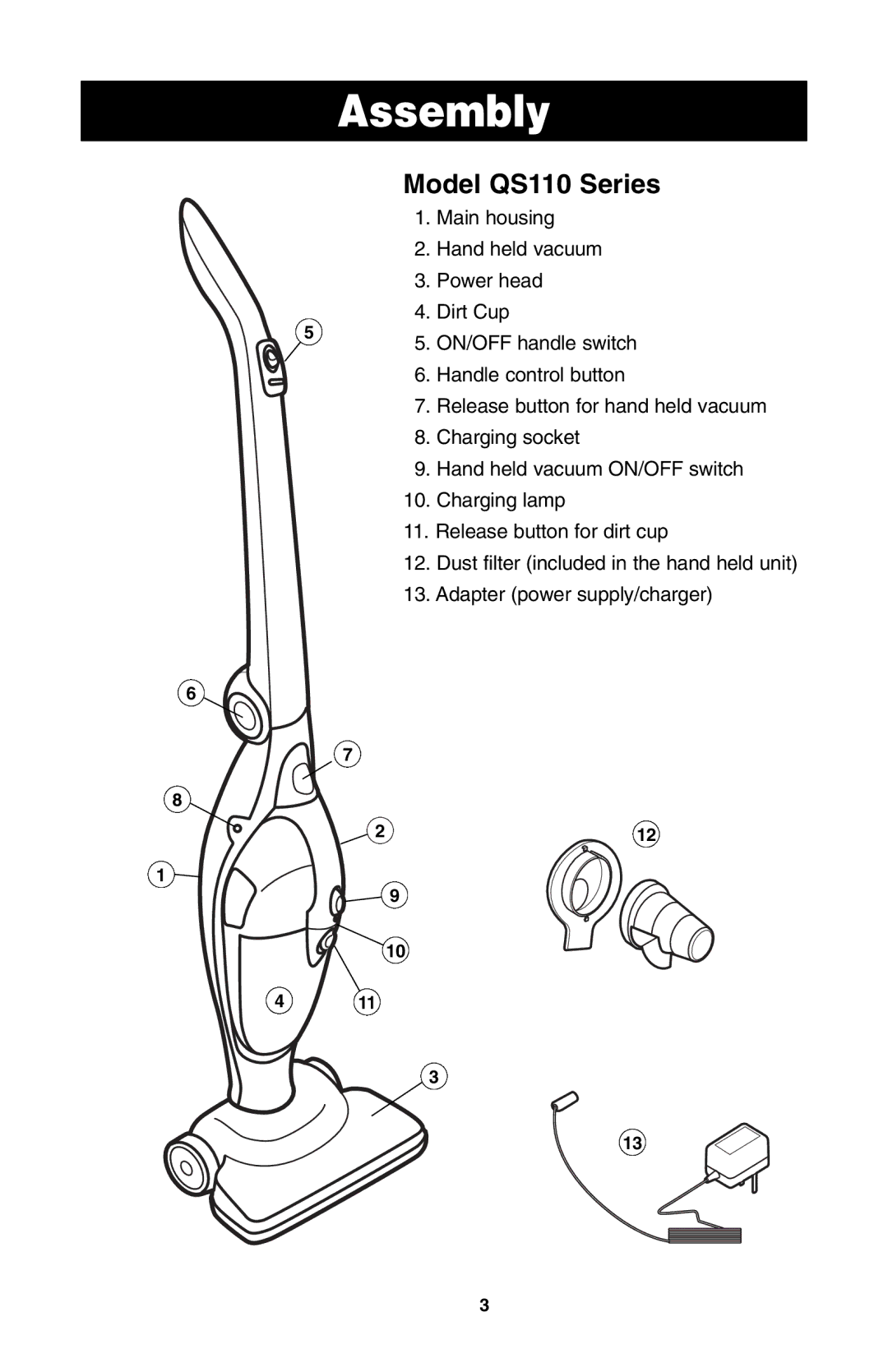 Oreck important safety instructions Assembly, Model QS110 Series 