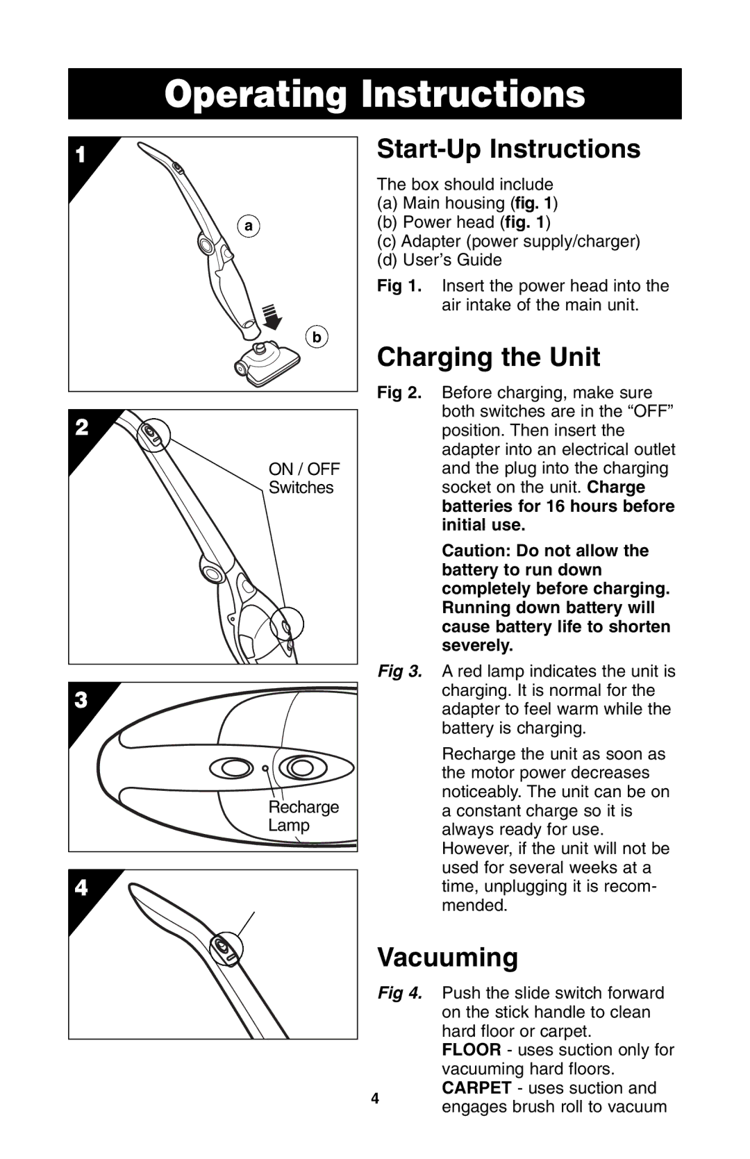 Oreck QS110 important safety instructions Operating Instructions, Start-Up Instructions 