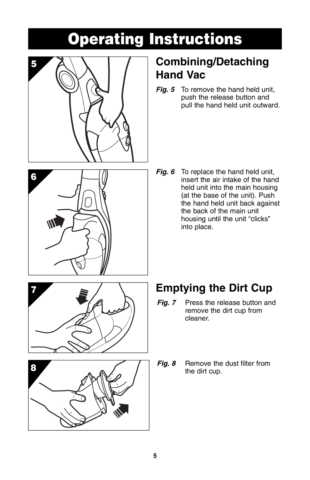 Oreck QS110 important safety instructions Combining/Detaching Hand Vac 