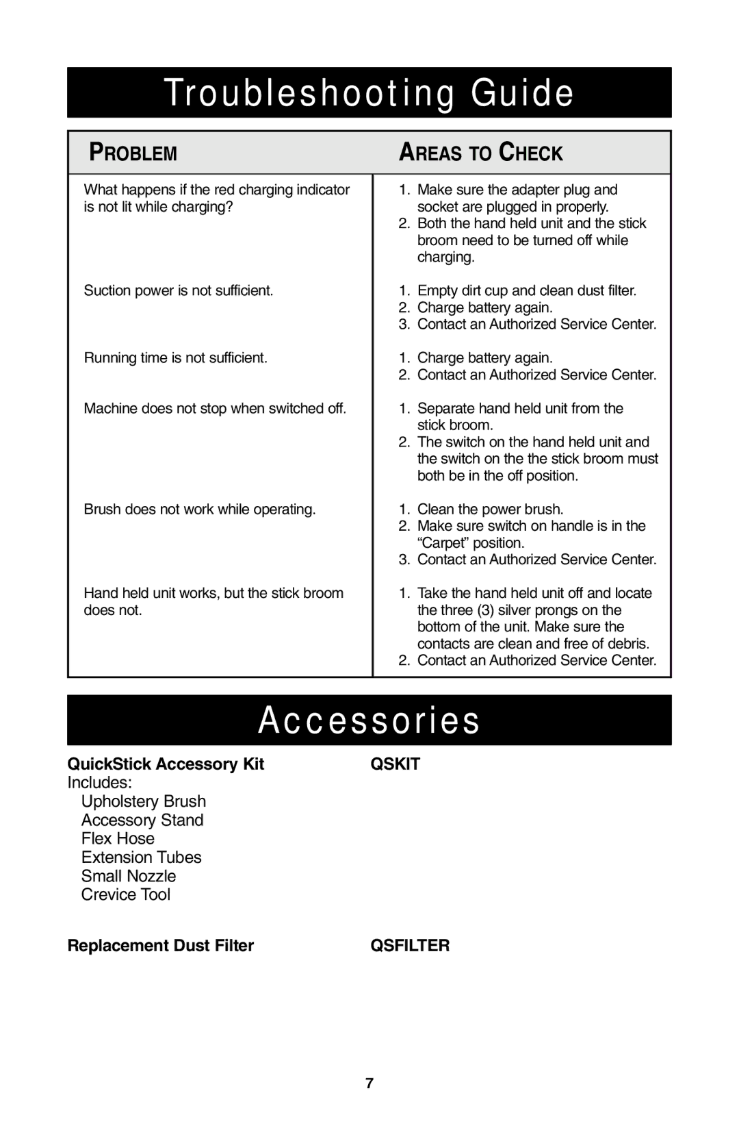 Oreck QS110 important safety instructions Troubleshooting Guide, Accessories 