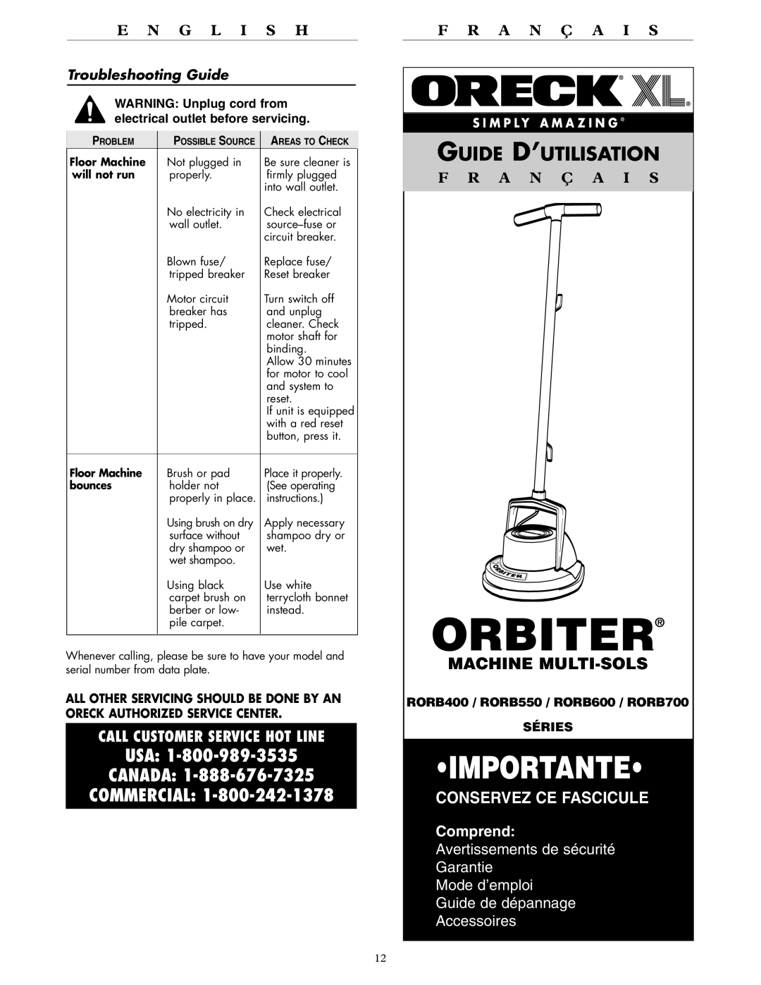 Oreck RORB700, RORB550, RORB400, RORB600 warranty Troubleshooting Guide, Floor Machine, Will not run, Bounces 