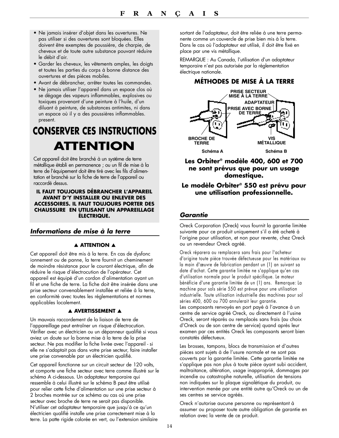 Oreck RORB400, RORB700, RORB550, RORB600 warranty Informations de mise à la terre, Garantie, Avertissement 