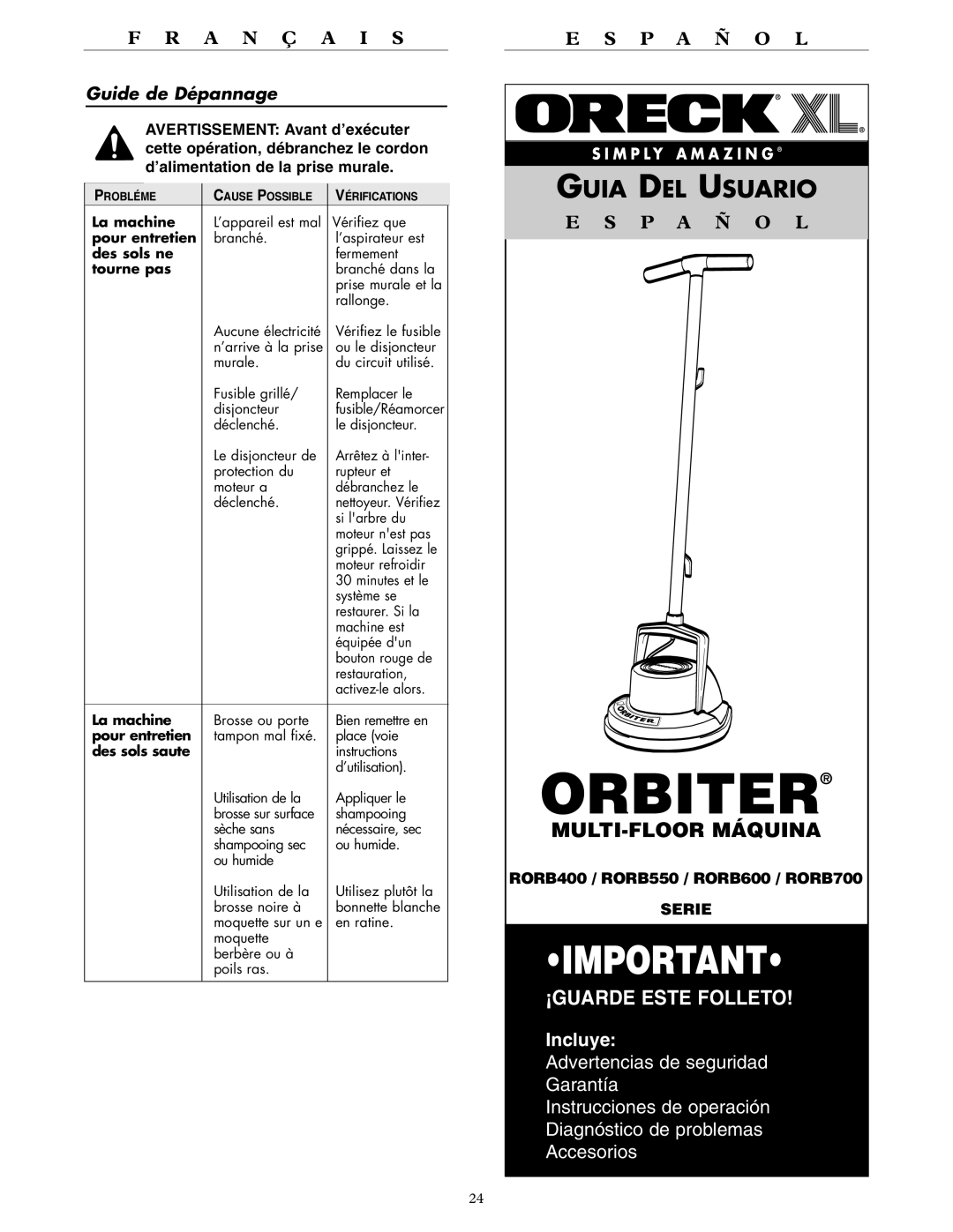 Oreck RORB700, RORB550, RORB400, RORB600 warranty Guide de Dépannage 