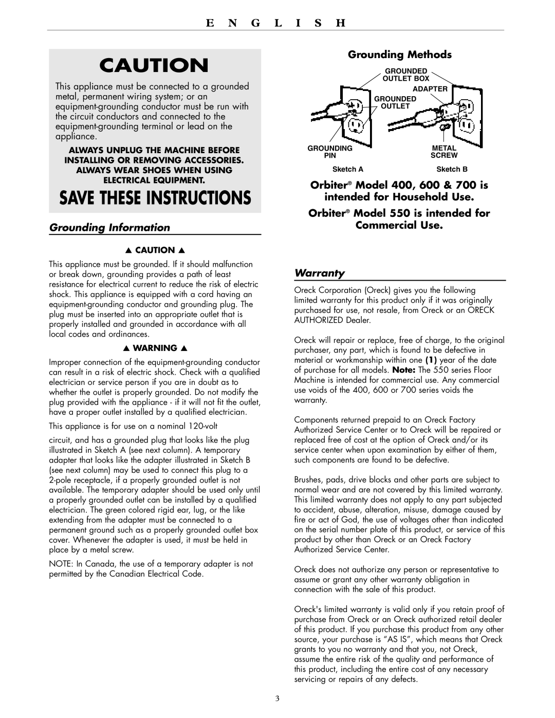 Oreck RORB600, RORB700, RORB550, RORB400 warranty Grounding Information, Warranty 