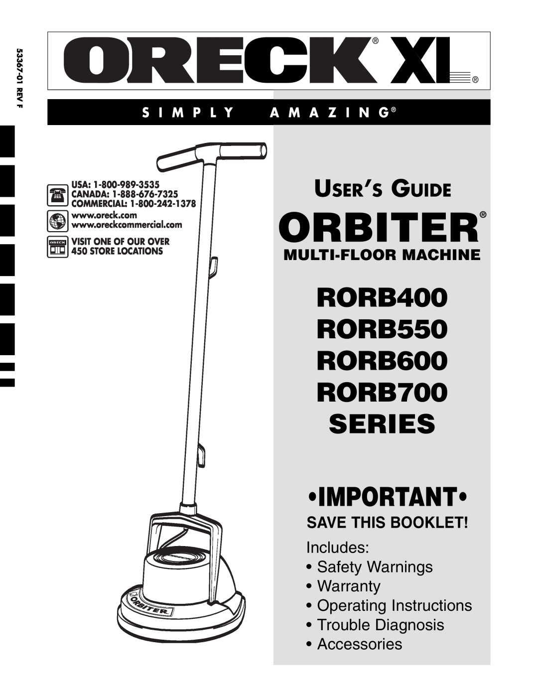 Oreck warranty Orbiter, RORB400 RORB550 RORB600 RORB700 SERIES, User’S Guide, Save This Booklet, Accessories, 53367-01 