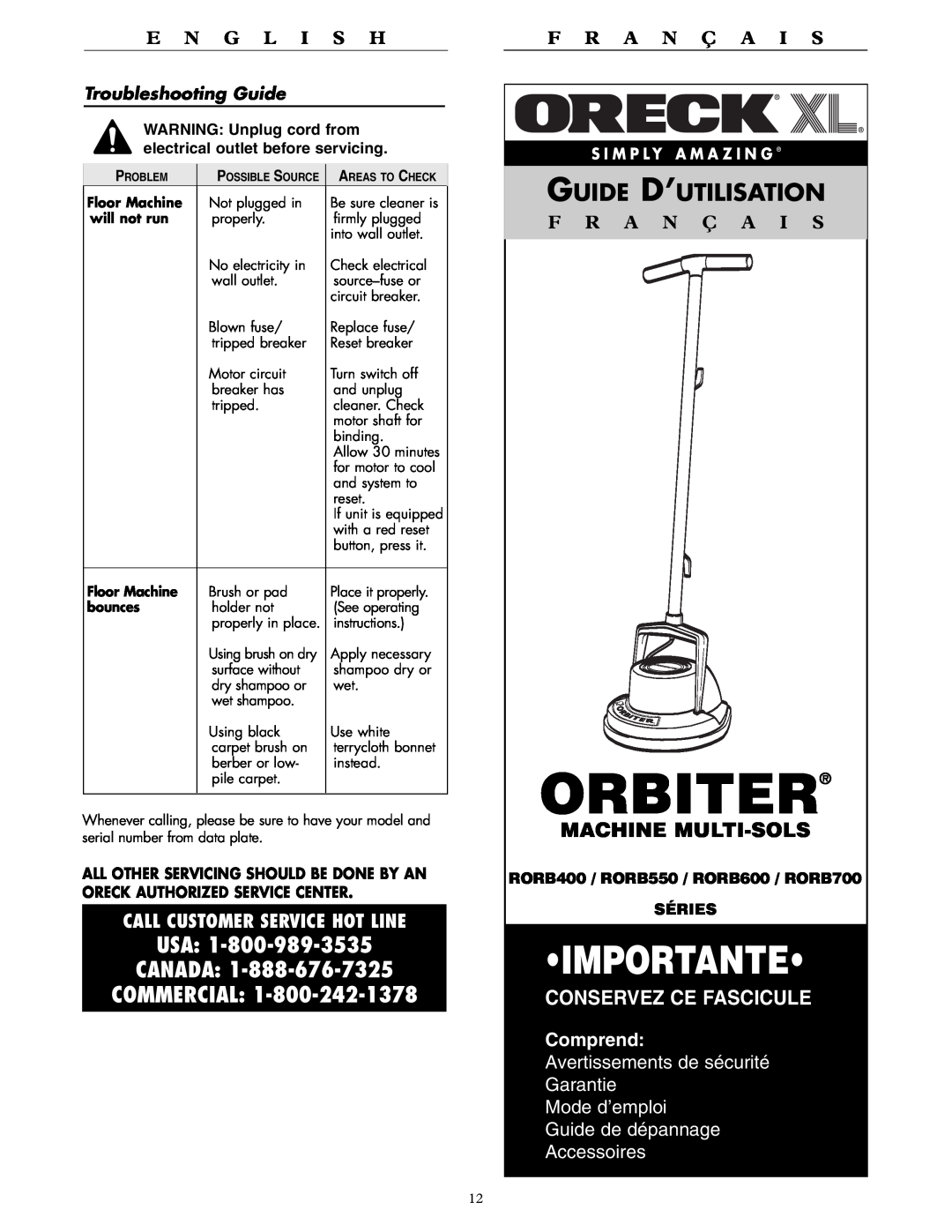 Oreck RORB700 Orbiter, Importante, Guide D’Utilisation, Usa Canada Commercial, Machine Multi-Sols, Conservez Ce Fascicule 