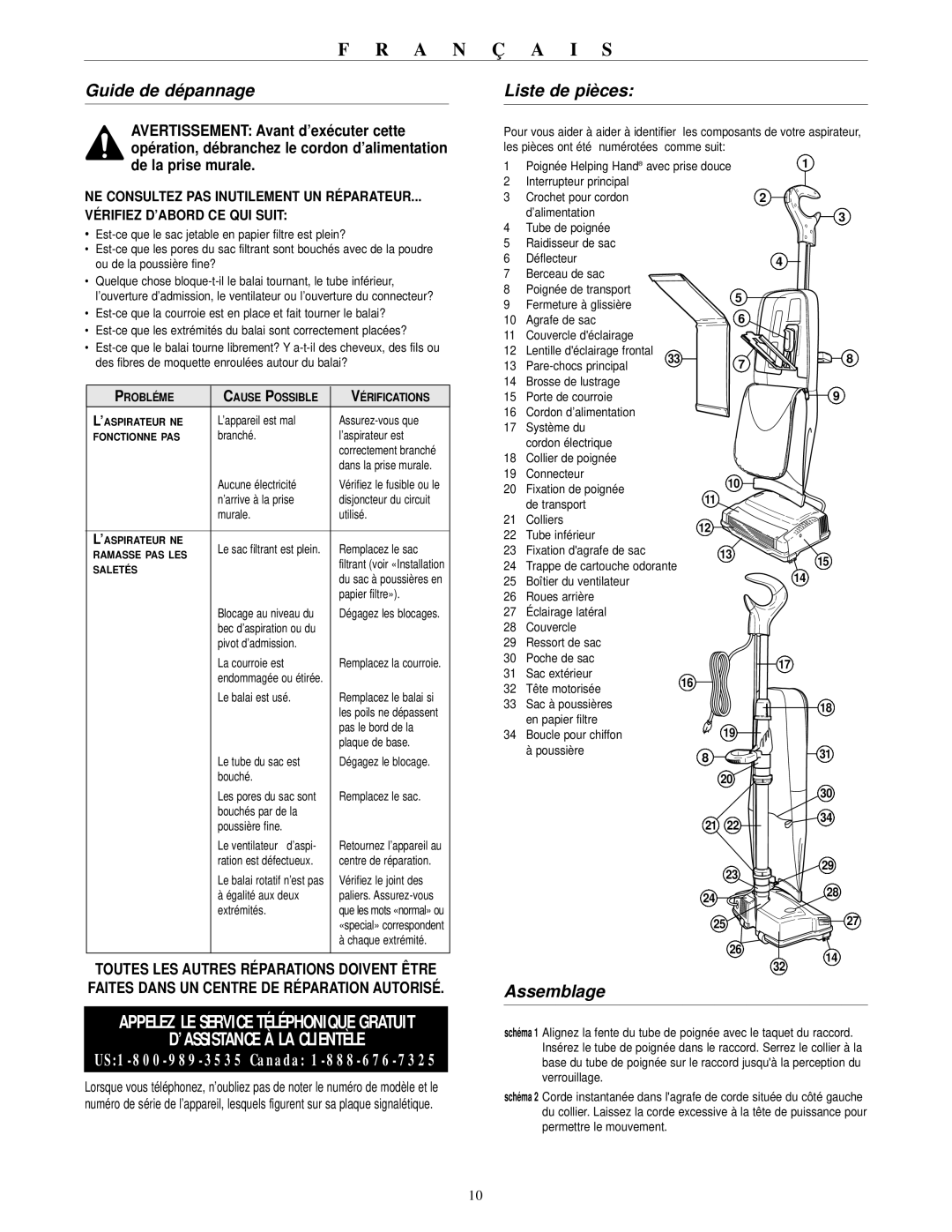 Oreck RXL21ANY warranty Guide de dépannage, Liste de pièces, Assemblage 