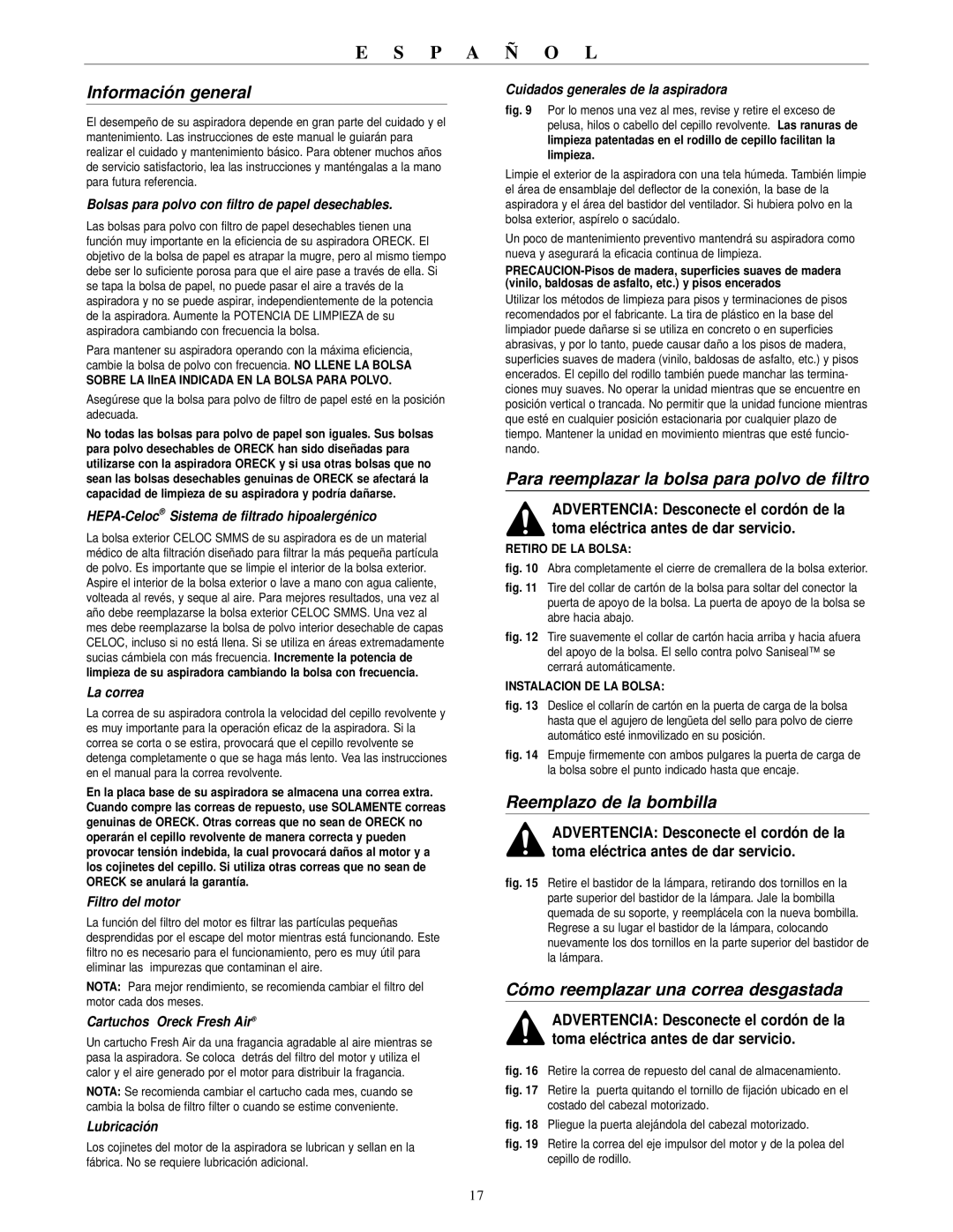 Oreck RXL21ANY warranty Información general, Para reemplazar la bolsa para polvo de filtro, Reemplazo de la bombilla 