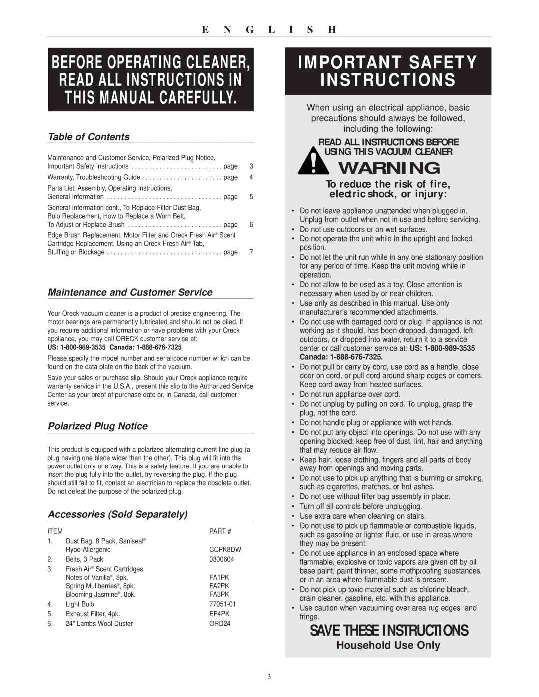 Oreck RXL21ANY Table of Contents, Maintenance and Customer Service, Polarized Plug Notice, Accessories Sold Separately 