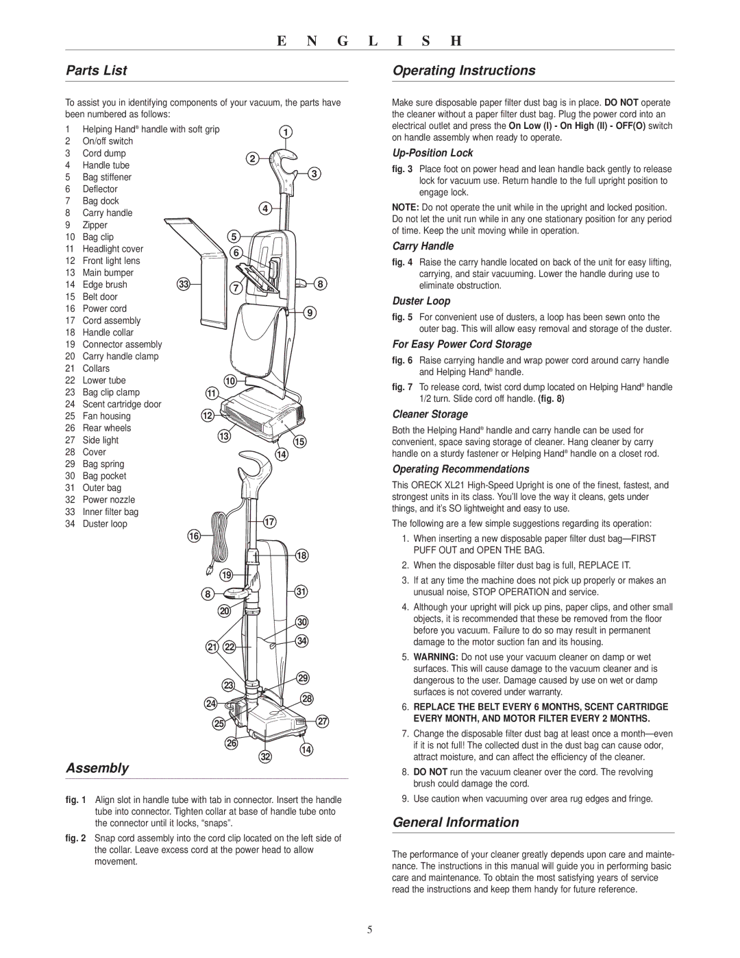 Oreck RXL21ANY warranty Parts List, Assembly, Operating Instructions, General Information 