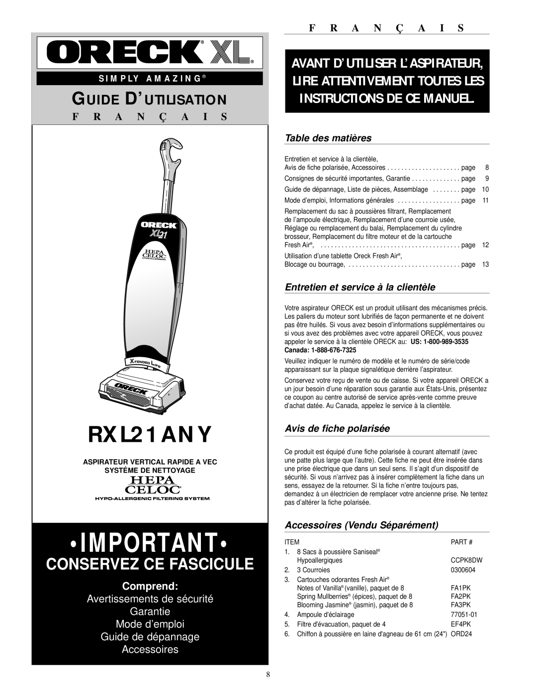 Oreck RXL21ANY warranty Table des matières, Entretien et service à la clientèle, Avis de fiche polarisée, Canada 