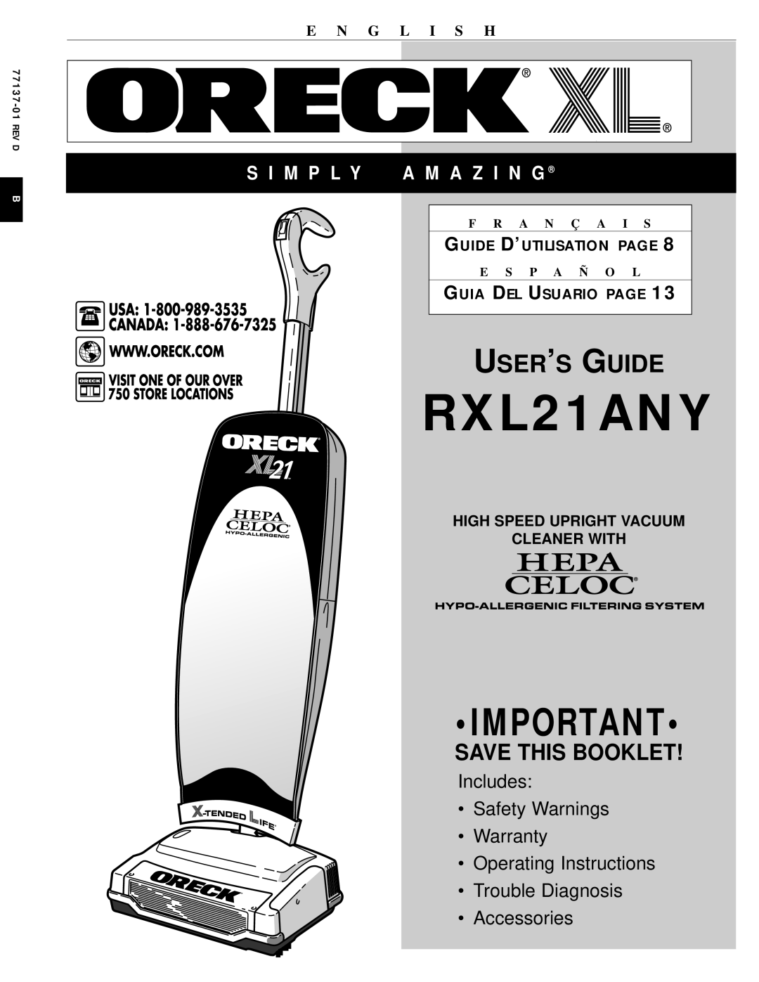 Oreck RXL21ANY warranty E N G, L I S H, High Speed Upright Vacuum Cleaner With, Guide D’Utilisation Page, User’S Guide 