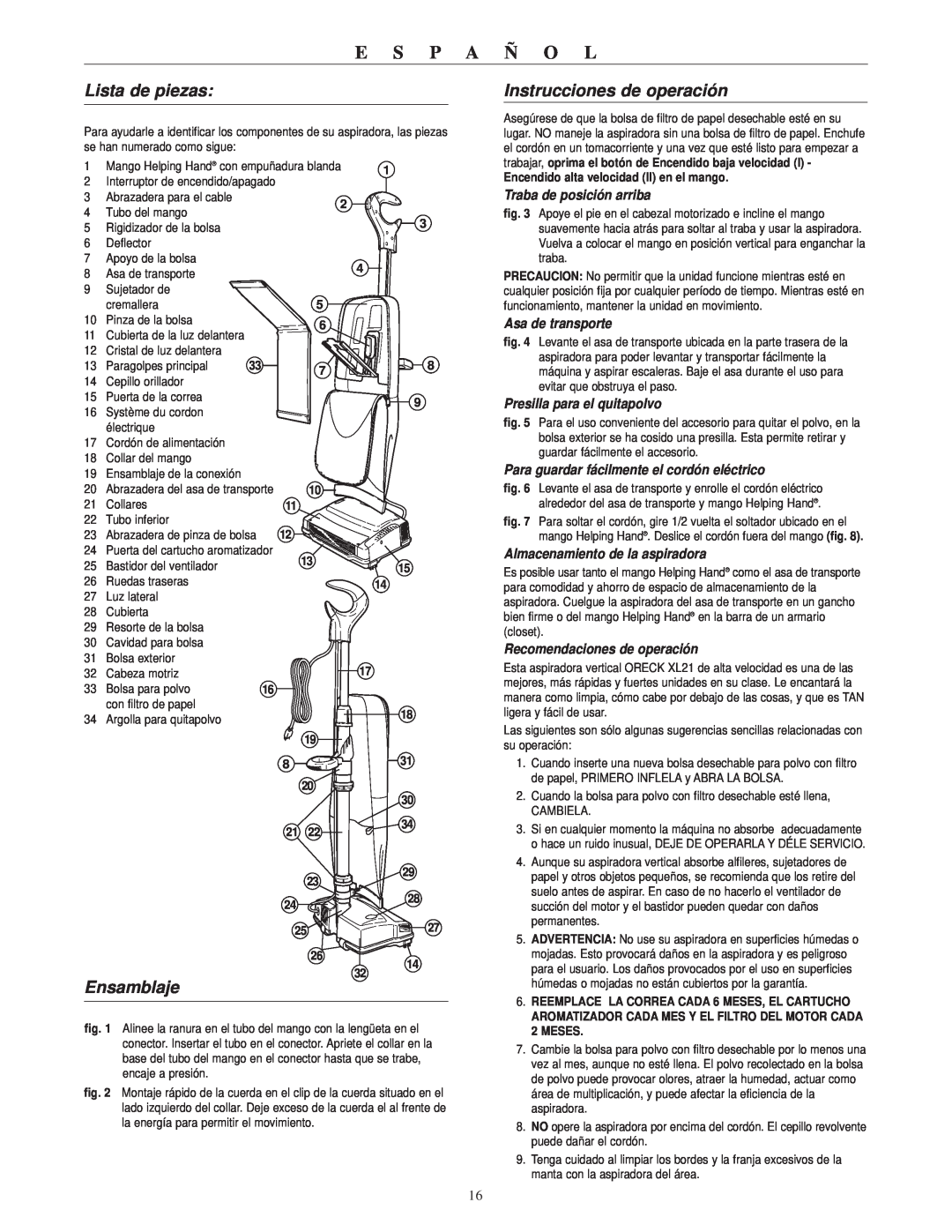 Oreck RXL21ANY warranty Lista de piezas, Ensamblaje, Instrucciones de operación, E S P A Ñ O L, Traba de posición arriba 