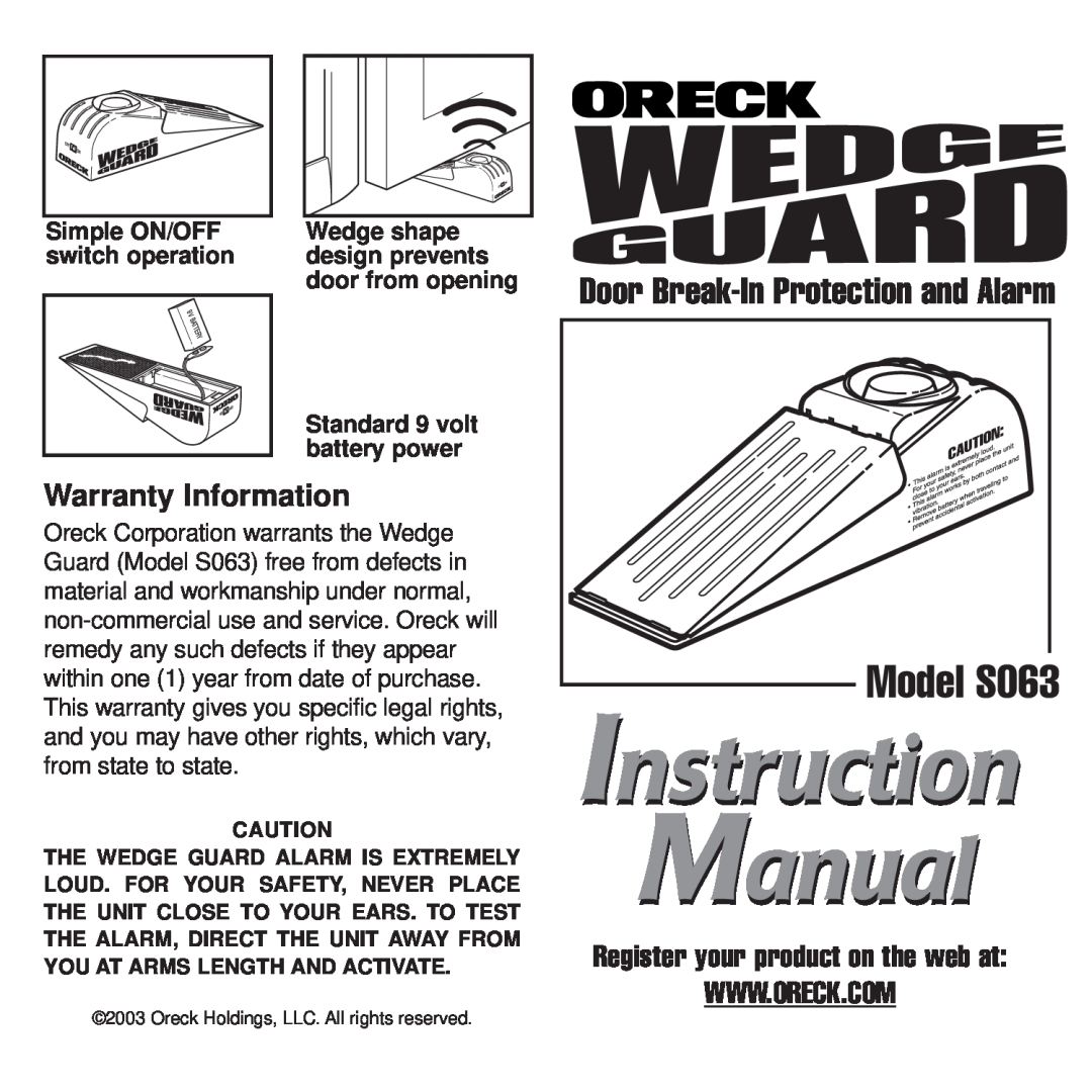 Oreck S063 warranty Model SO63, Warranty Information, Door Break-InProtection and Alarm, Simple ON/OFF, Wedge shape 