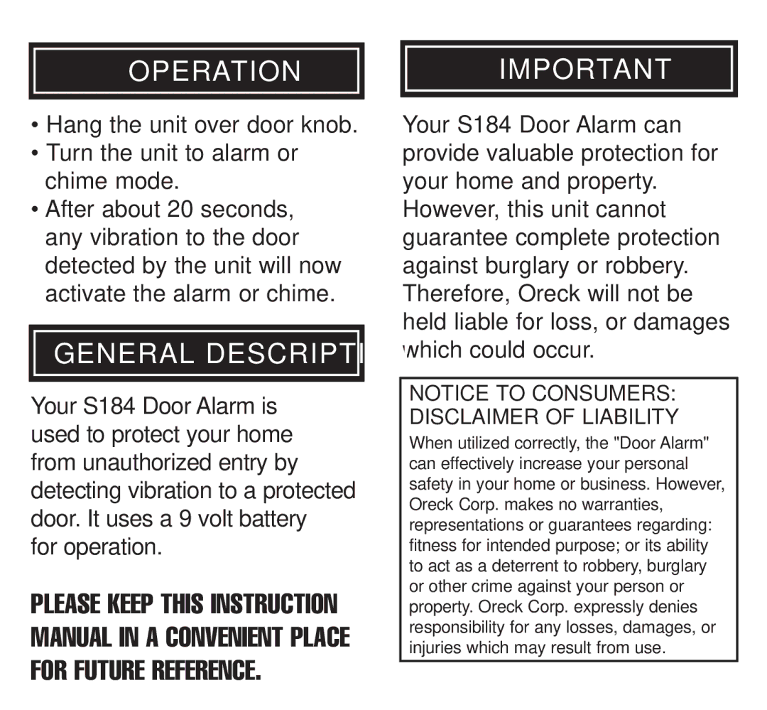 Oreck S184 warranty Operation, General Description 