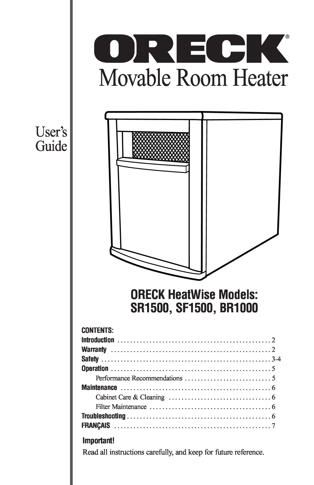 Oreck warranty Movable Room Heater, ORECK HeatWise Models SR1500, SF1500, BR1000, User’s Guide, Contents 