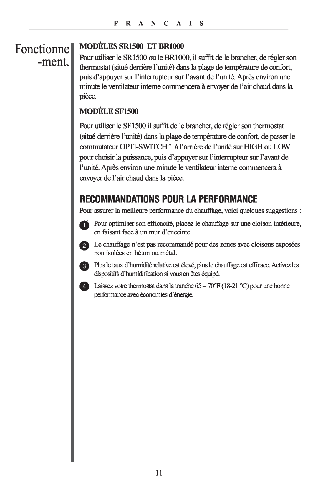 Oreck warranty Fonctionne -ment, Recommandations Pour La Performance, MODÈLES SR1500 ET BR1000, MODÈLE SF1500 