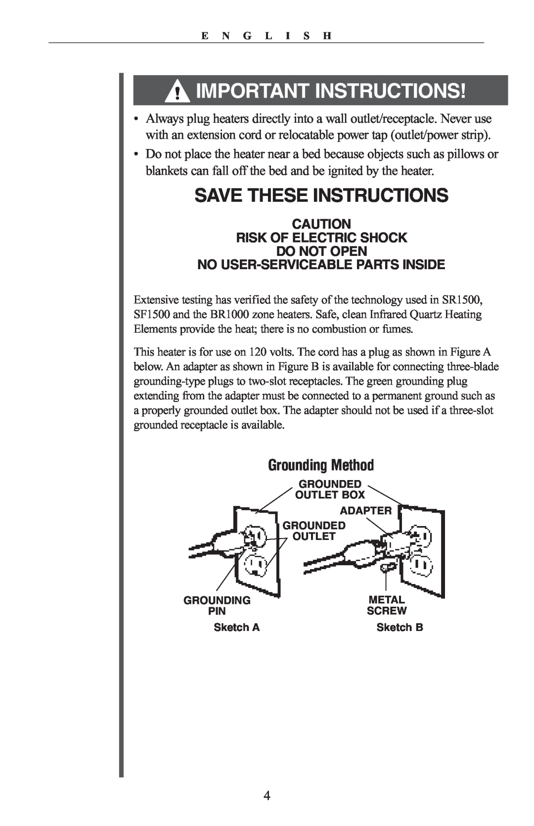 Oreck BR1000, SF1500 Save These Instructions, Grounding Method, Risk Of Electric Shock Do Not Open, Important Instructions 